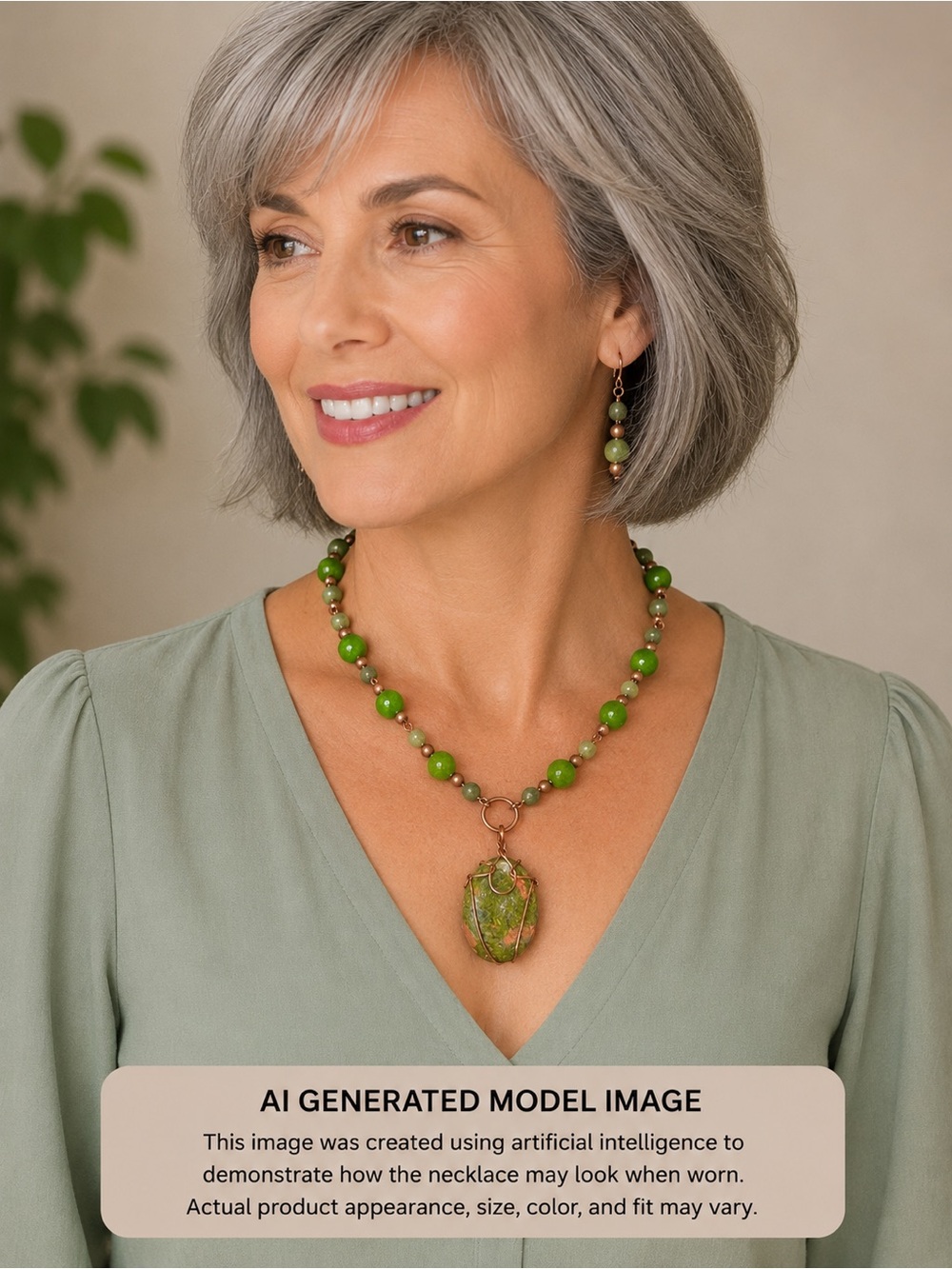 Copper Wire Wrapped Unakite cabochon with Jade Beaded necklace Earrings